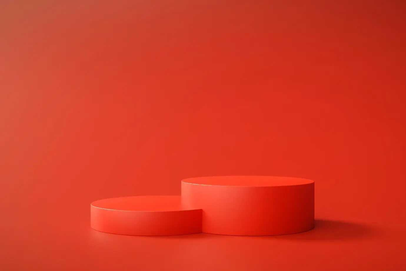 Rotes Podest, moderner Ständer zur Produktpräsentation vor abstraktem Hintergrund, 3D-Rendering.